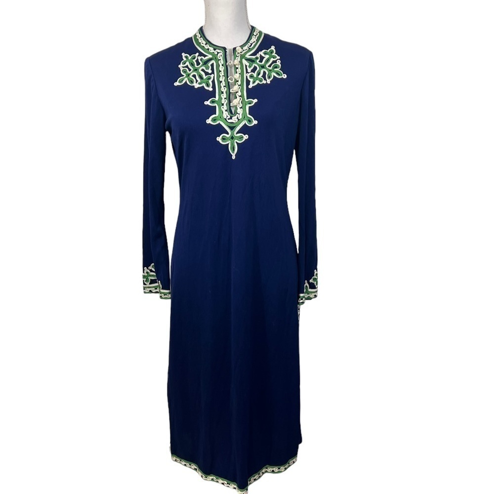 Vtg 70s The Gilberts For Tally New York Dress Blue Soutache Ribbon Trim Midi